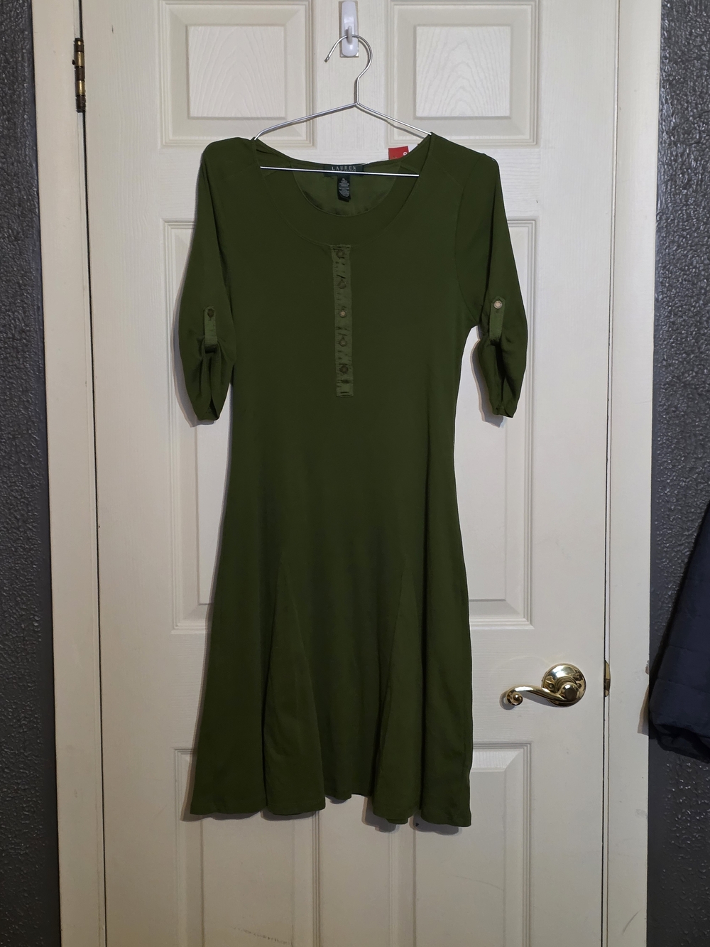 Lauren Ralph Lauren Olive Green Midi Dress with Button Placket